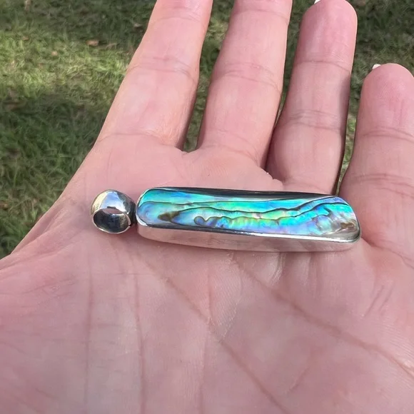 Vintage Sterling Silver Elongated Abalone Shell Pendant - Picture 8 of 16